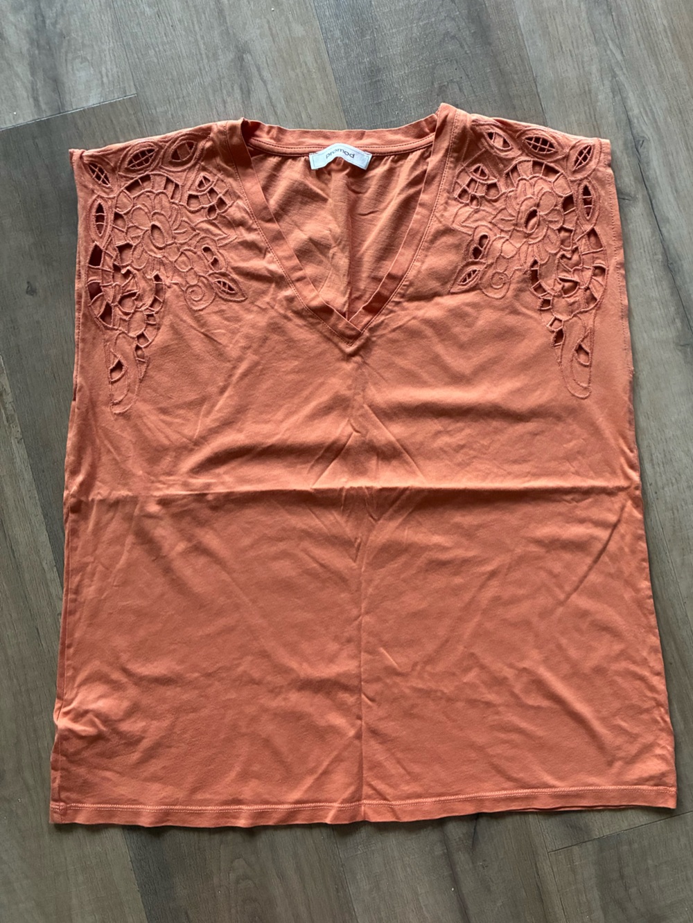 Promod Orange Sleeveless V-Neck Top with Lace Cutouts